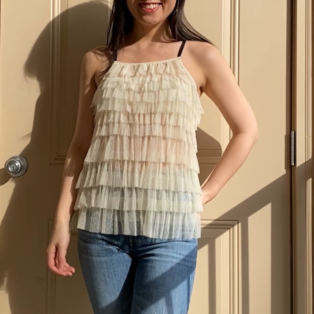 Tiered cream tulle halter tank top XS